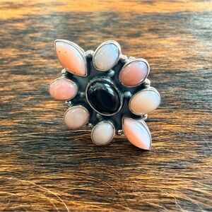 Pink Opal & Onyx Cluster Adjustable Ring | 925 Sterling Silver | Closed Back